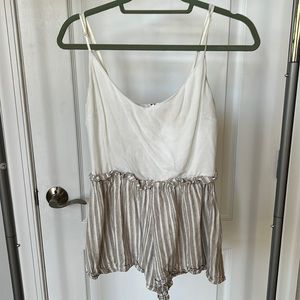 Tan and white romper with waist belt